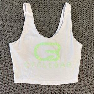 Cyclebar White Crop Tank with Neon Green Glitter Logo
